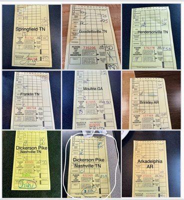 Meal tickets from various WH locations.