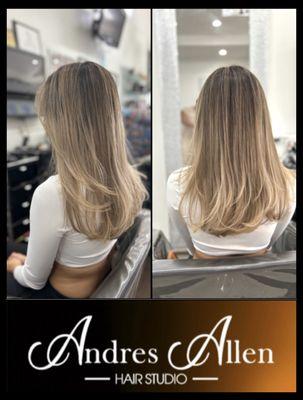 Beige Balyage, cut and style by Andres