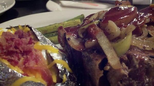 2" grilled pork chop...loaded potato and steamed asparagus