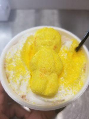 Sour patch kid marshmellow floating in a hot tub of hot cocoa!