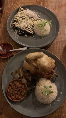 Chicken enchiladas with a mole sauce. And baked chicken