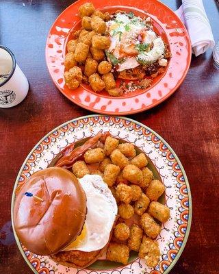 Fried chicken sandwich, pulled pork tostada. Tater Tots