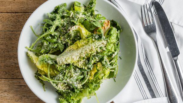 Little Gem Salad with Little gem lettuce, Meyer lemon, Anchovy, Egg White Dressing, Radishes, and Garlic Croutons