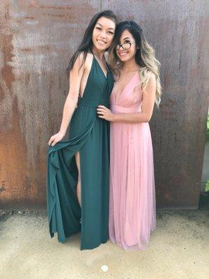 I'm the one in the pink! I'm extremely short and this dress was long but she cut the length perfectly with no issues.