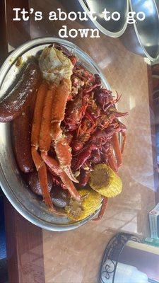 Crawfish, snowcrab, sausage,corn, and potatoes