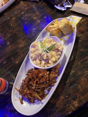 Pulled pork, Mac n cheese, and Corn Bread