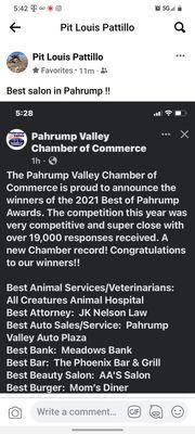 Thank you! We were voted #1 salon in Pahrump for 2021!