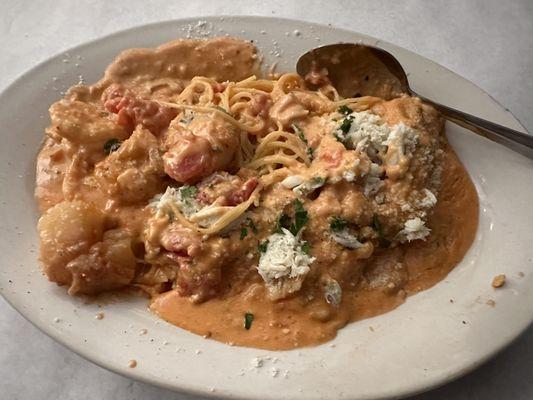 Veal, shrimp, scallops and crab over pasta, awesome!