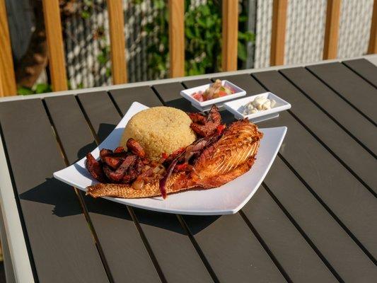 Attieke w/ Sweet Plantain & Fried Croaker