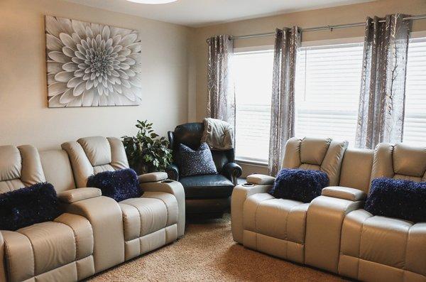 His Grace Senior Living Center, Multimedia room.  This room serves as a movie room and a library as well as a lounging area.