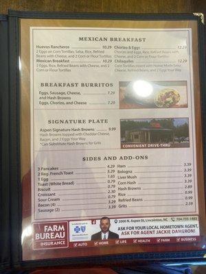 Breakfast menu