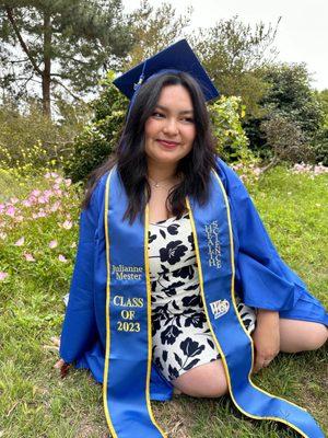 Graduation photo with the finished embroidered sash!