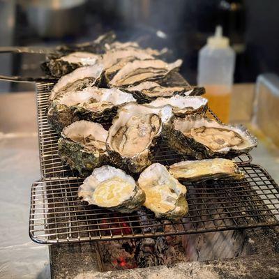 Grilled oysters over binchotan charcoal