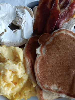 Eggs, bacon, pancakes, bagel!