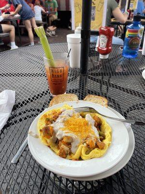 Skillet with loaded home fries and chorizo