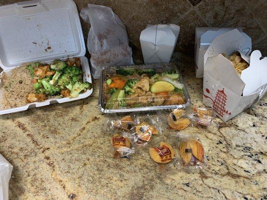 $56: 2 chicken low meins, 6 egg rolls, shrimp+broccoli (lunch special with rice & a drink), and triple delight with side of white rice.