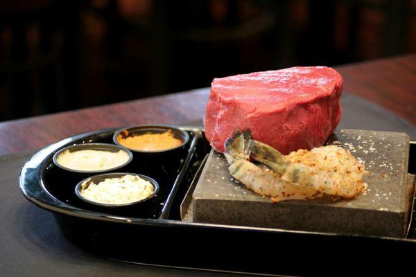 Sizzling hot steak and seafood on a stone!