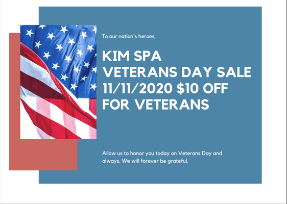 Kim Spa $10 Off for Veterans on 11/11/2020