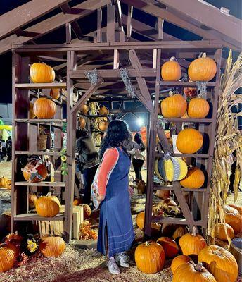 Wooden house stacked with pumpkins.