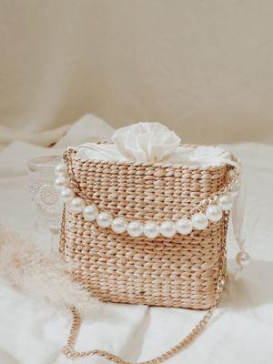 Our best seller item- Square Strawbag with Gold Chain and Pearl Handle.