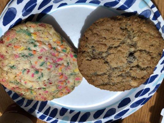 Rainbow cookie and Beach Bum cookie. Beach Bum has oats, white and milk chocolate chips and coconut.