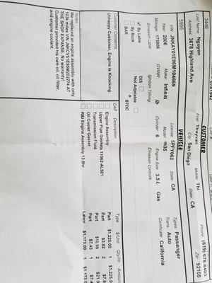 Invoice of work and equipment used to repair and resolve an discontent customer...