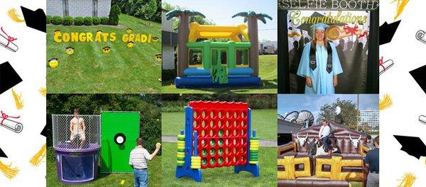 Graduation Party Rentals! Yard Signs, dunk tanks, teen bounce houses, giant yard games, mechanical bull and photo booth rentals