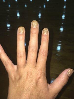 Nail spa did these glittery nails. I got there dip polish and got number 15. They have lasted a long time.