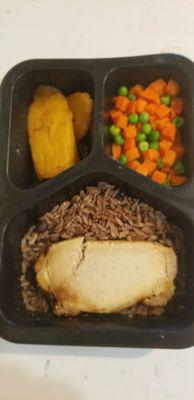 Oven roasted pork with mojo, black beans & brown rice, peas & carrots, and plantains.