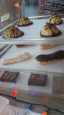 Desserts! Coconut Macaroons (gluten-free), Eclair Dippers with Raspberry Cream, and Peanut Butter Caramel Brownies