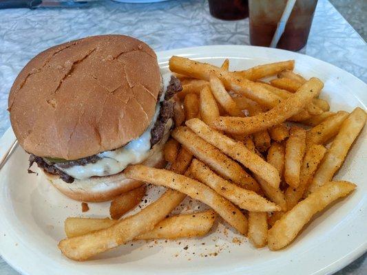 Volcano burger and Cajun fries