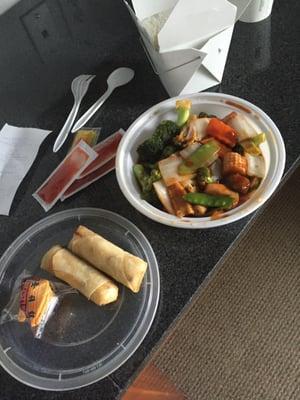 Take out ready on time veggie with garlic sauce with spring rolls