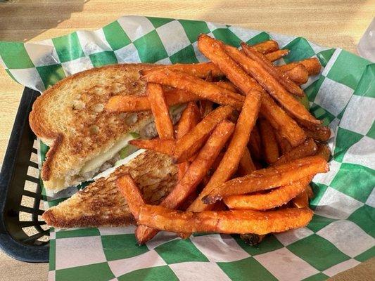 Tuna Melt with cheese, apple slices, and a side of sweet potato fries