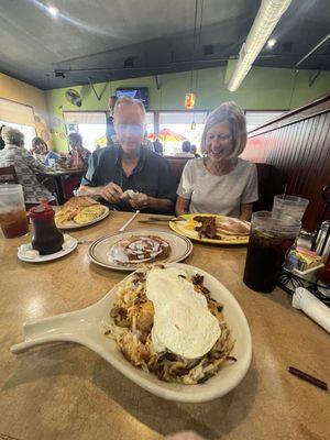 Gabriel's skillet and cinnamon roll pancake.