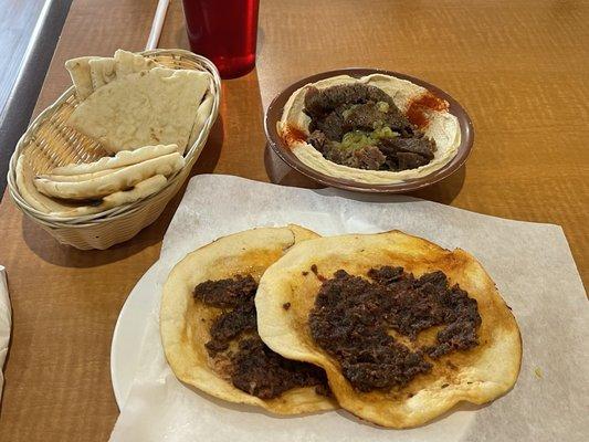 8/29/24 Hummus With Gyro meat and Kibbeh