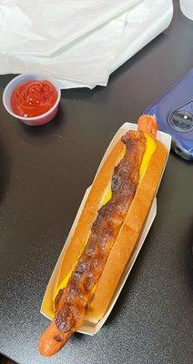 Hot dog with cheese and bacon!