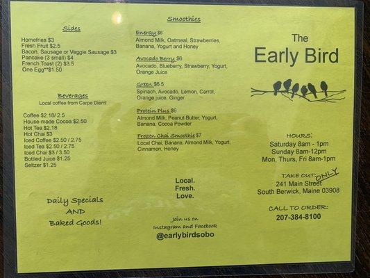 Menu for Early Bird as of 7-2021