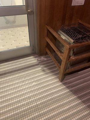 Sauna filthy. Paper towels and water bottles hanging out in the sauna... not ok.