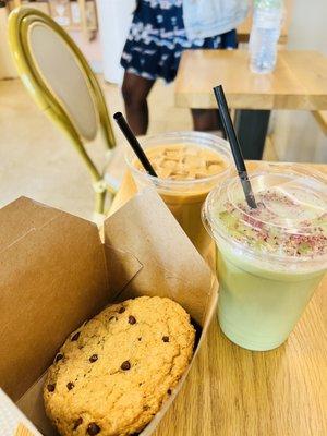 Iced Rose Matcha Latte, Chocolate Chip Cookie, and a Blueberry Honeysuckle latte