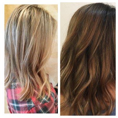 Went from light to a beautiful rich chocolate brown with warm balayage highlights by Laurie.