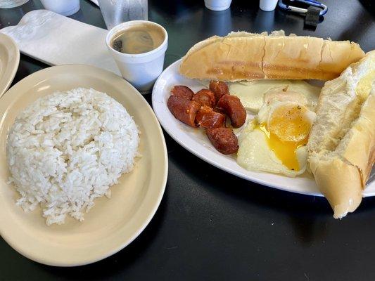 Espresso, eggs, chorizo, toast and white rice.