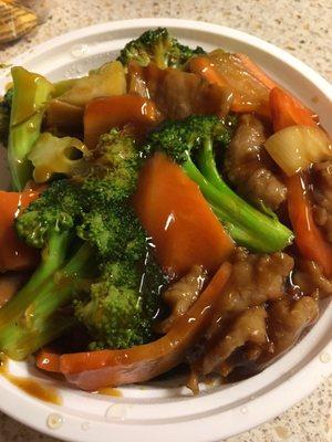 Beef and broccoli with added carrots.