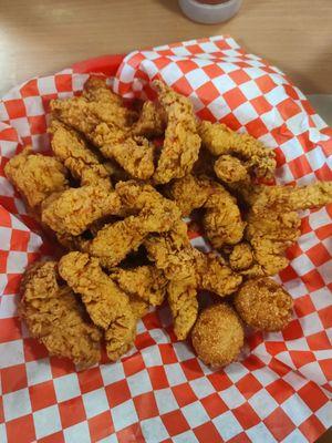 Chicken Strips and Hush Puppies.