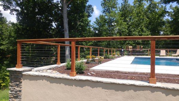 Cedar and Stainless Steel Cable Railing Around Pool