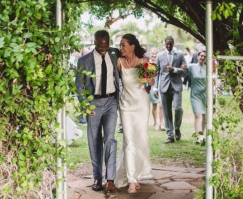 Here comes the bride in my MANSFIELD gown in silk hammered satin.