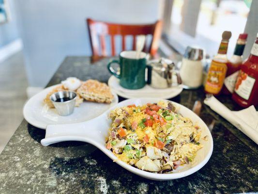 Farmer's Scramble with 1/2 Waffle  & Hot Tea