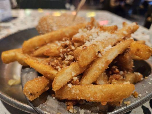 Dirty Fries topped with chorizo and Mexican cheese.  Super bland.