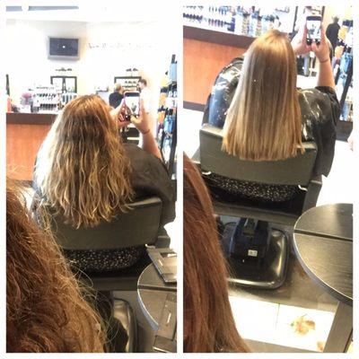 Before and after hair. Before: wavy, frizzy, lions mane. After cut, color, and keratin treatment: Smooth and soft that lasted 6 months.