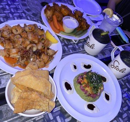 Delicious appetizers- Thai fried calamari, buffalo wings and the tuna tower