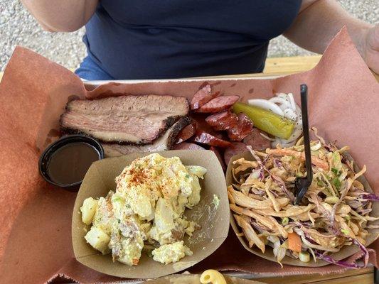 Brisket, sausage, tater salad, slaw